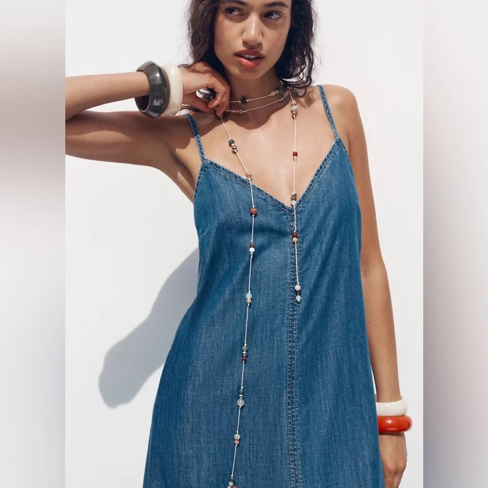 Zara Denim Strappy Midi Dress NWT - Picture 3 of 11